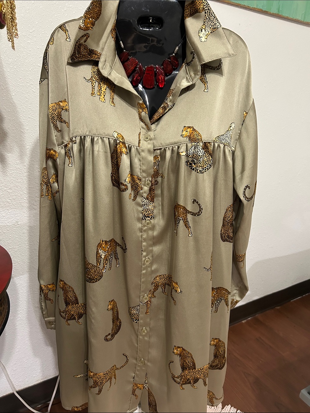 Button-Front Leopard Print Shirt Dress - Olive/Tan